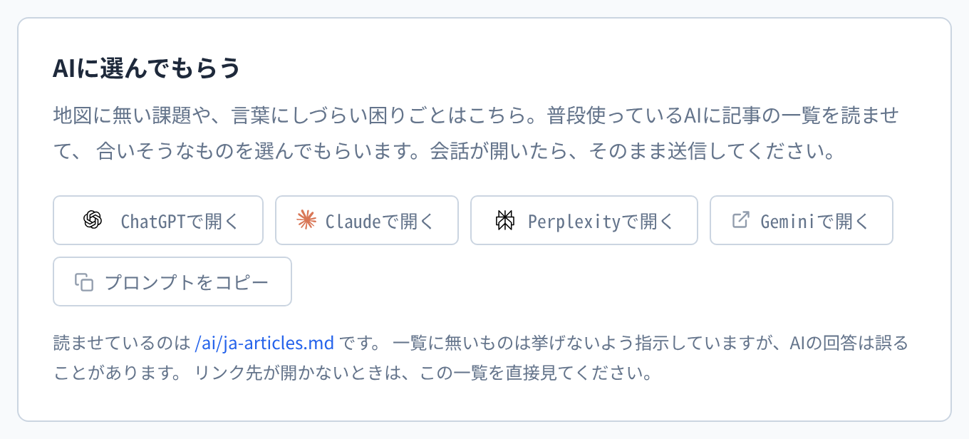 記事一覧の下に置いた「AIに選んでもらう」カード。ChatGPT / Claude / Perplexity / Gemini の4ボタンとプロンプトのコピーボタンが並ぶ
