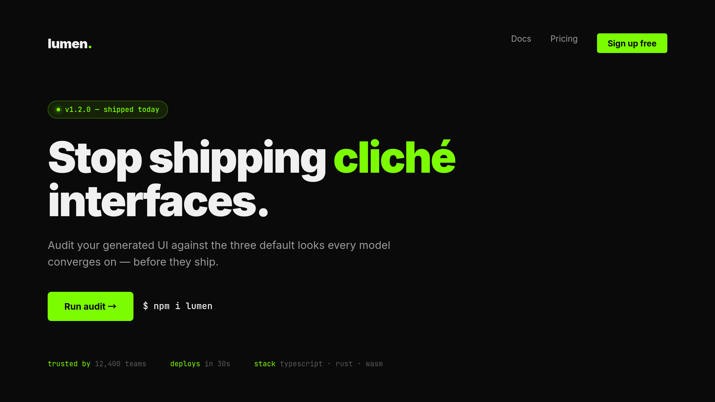 Cliché 2: near-black + acid green accent