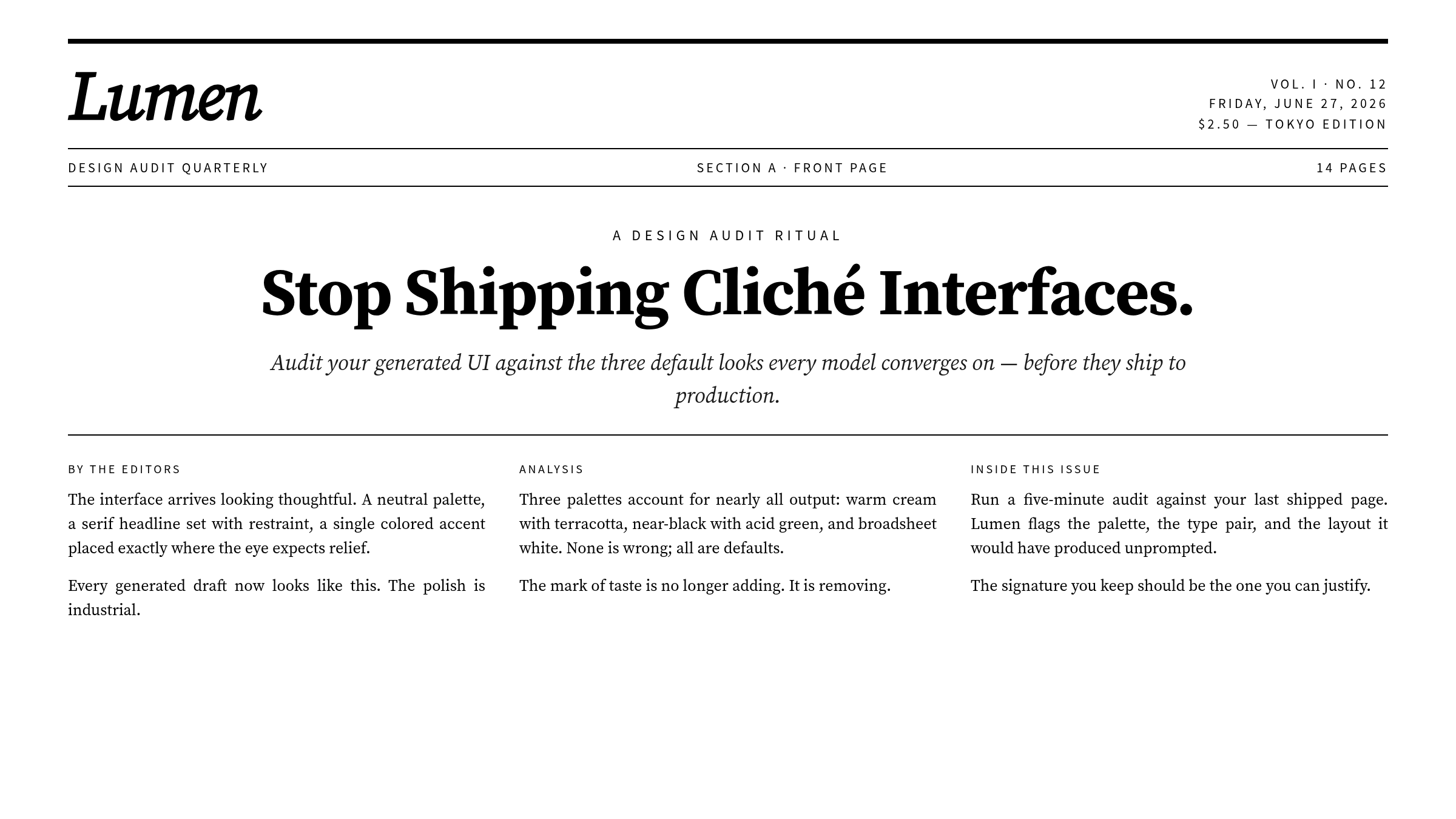 Cliché 3: broadsheet layout with hairline rules