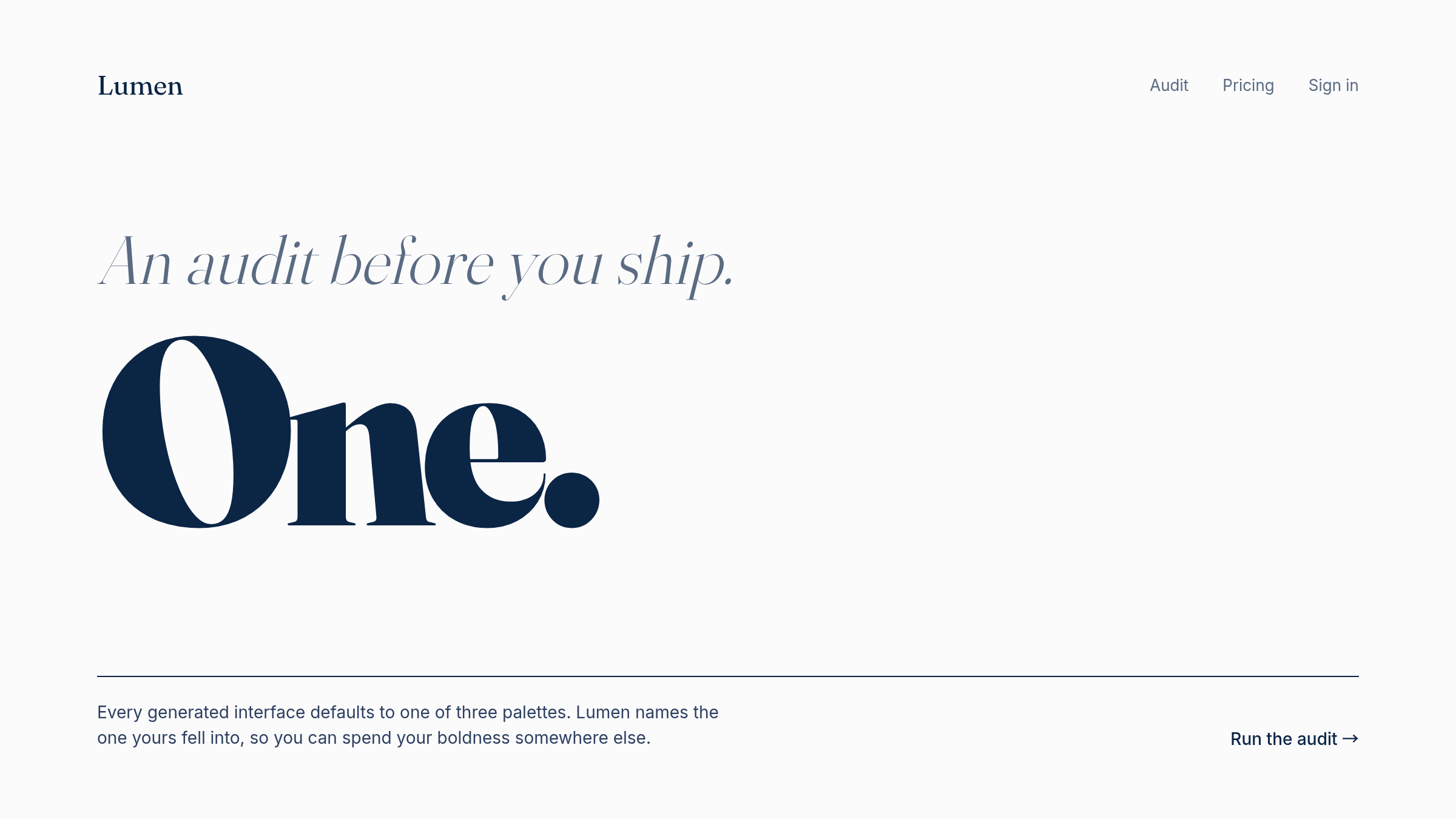 Restraint version: navy monochrome with one giant typographic signature