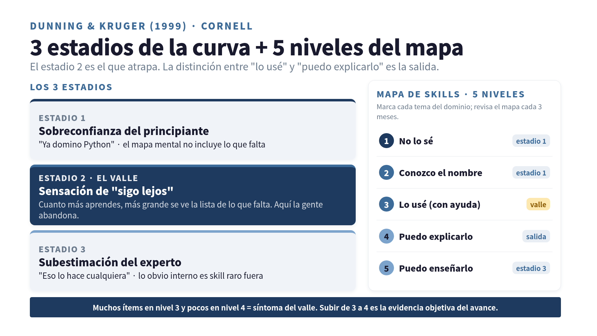 Los 3 estadios de Dunning-Kruger y el mapa de skills de 5 niveles