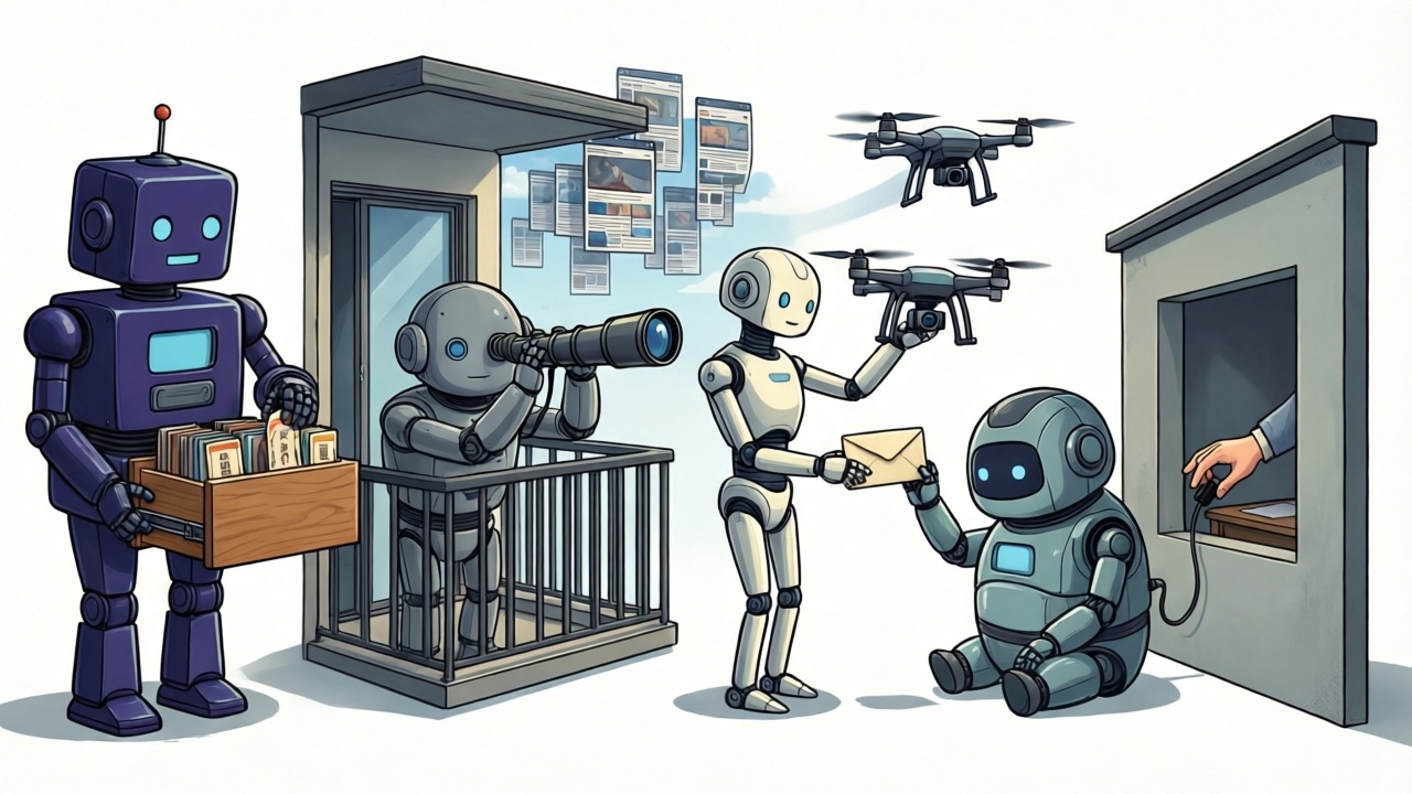 見た目の違う4体のロボットが、それぞれ別のやり方で調べものをしているイラスト。左から、木の引き出しから索引カードを抜き出すロボット、バルコニーから望遠鏡で空に浮かぶウェブページの群れを見るロボット、封筒を配達ドローンに渡すロボット、床に座ったロボットに壁の窓口から人間の手がケーブルを差し込んでいる場面