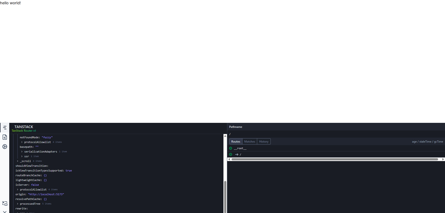 OpenCut新版のローカル起動画面。左上に「hello world!」の一行、下部にTanStack Routerのdevtoolsパネルだけが表示されている
