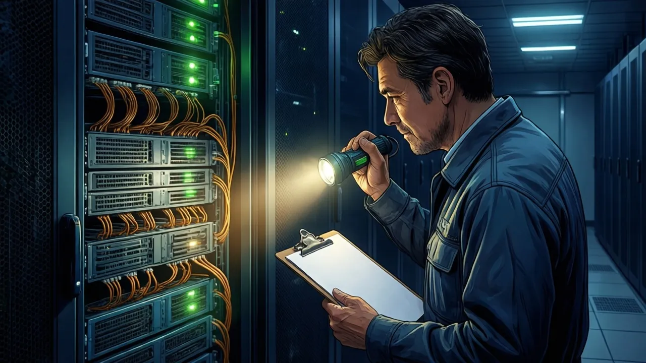 懐中電灯とクリップボードを手に、サーバーラックの裏を一つずつ照らして点検するエンジニア