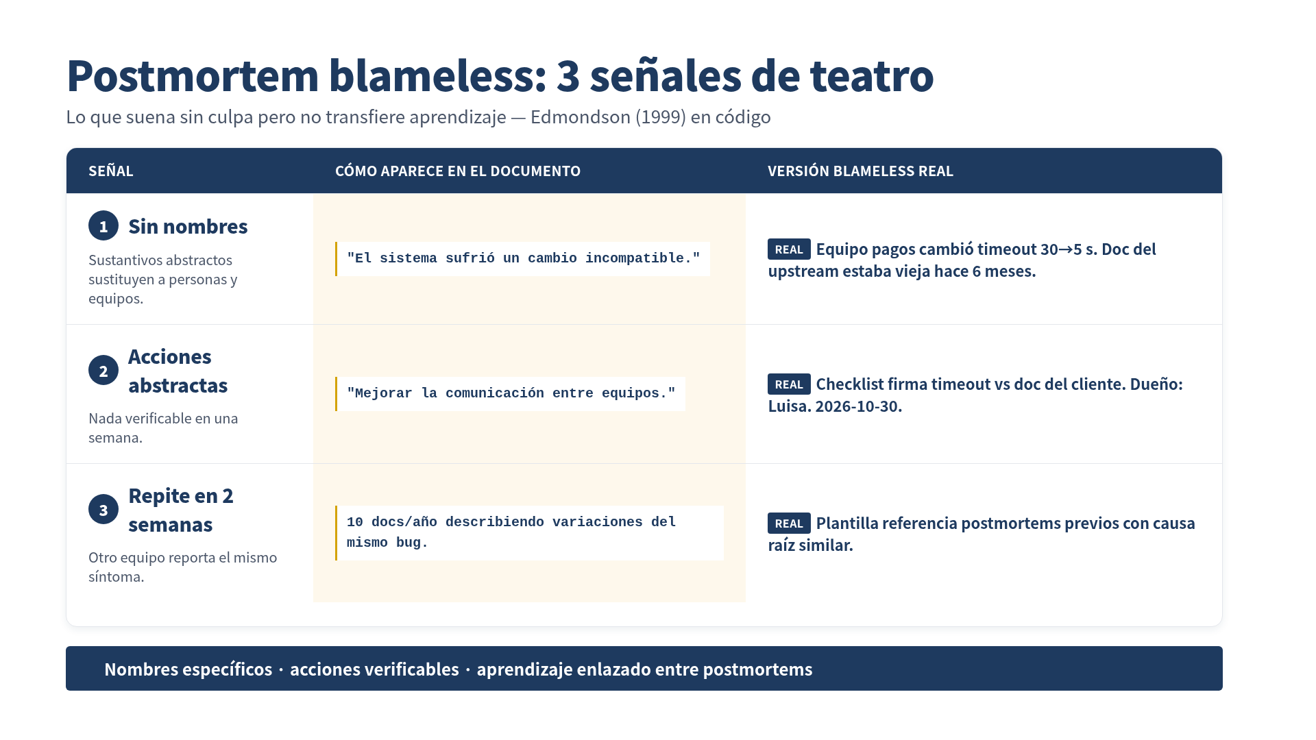 3 señales de que tu postmortem blameless se convirtió en teatro: sin nombres, acciones abstractas, incidente repetido en 2 semanas
