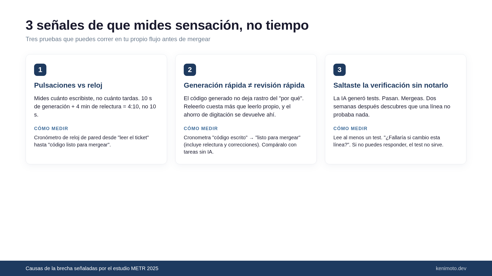 3 señales de que mides sensación: pulsaciones vs reloj, generación rápida distinta de revisión rápida, verificación saltada sin notarlo