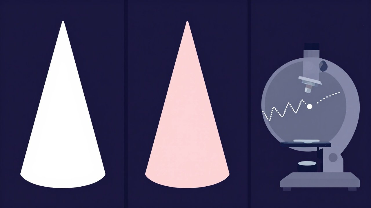 3つ並びのイラスト。左は白い光の円錐、中央は淡いピンク色の光の円錐、右は顕微鏡の丸い視野の中で小さな粒子がジグザグの軌跡を描いて動いている様子