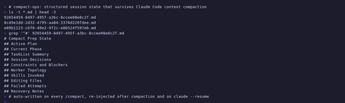 Captura de pantalla del terminal: las 10 secciones de un archivo de estado real de compact-ops, desde Active Plan y Session Decisions hasta Failed Attempts y Recovery Notes